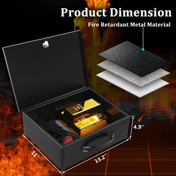 Portable Metal Safe Box with Lock - Fire Resistant Storage for Documents, Car, Home and Outside - X Large 13.2"x 11"x 5.1" Black Box