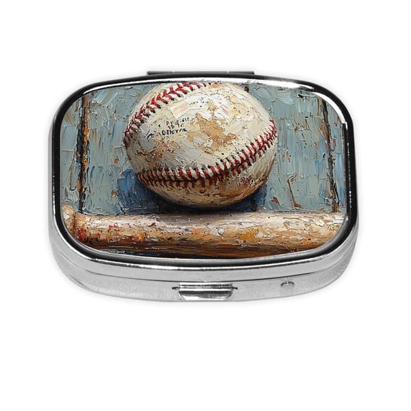 Portable Metal Square Pill Box 2-Compartment Mini Pocket Pill Case for Travel Purse, Baseball