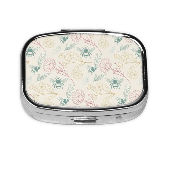 Portable Metal Square Pill Box 2-Compartment Mini Pocket Pill Case for Travel Purse, Bee Flowers Vintage
