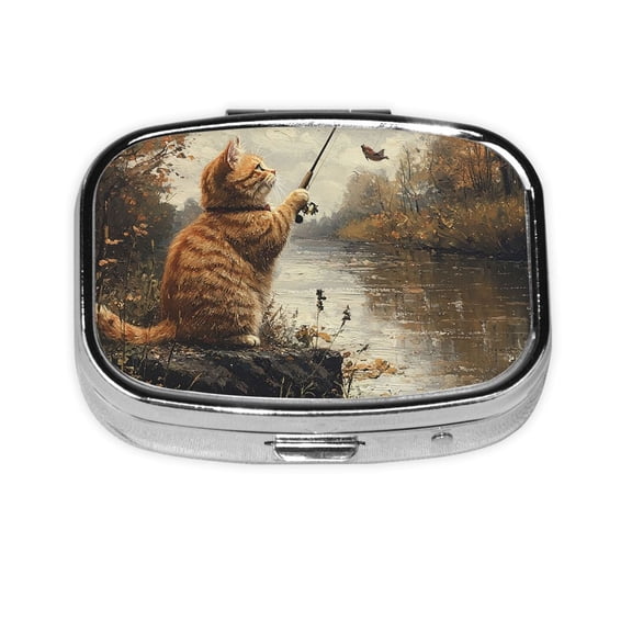 Portable Metal Square Pill Box 2-Compartment Mini Pocket Pill Case for Travel Purse, Cat Fishing Vintage