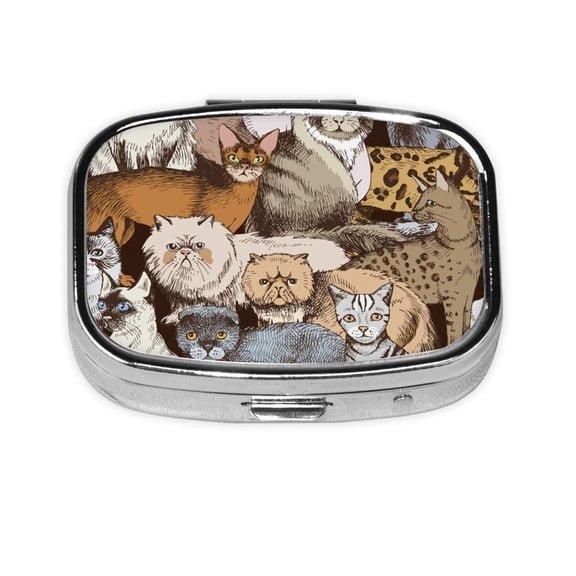 Portable Metal Square Pill Box 2-Compartment Mini Pocket Pill Case for Travel Purse, Cats Cartoon Cute