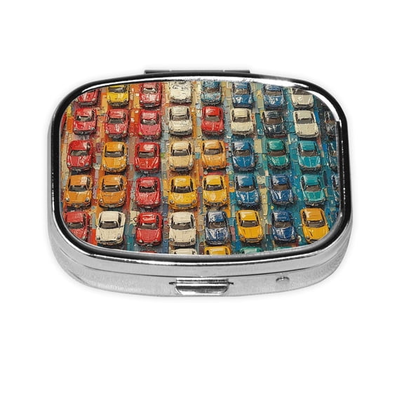 Portable Metal Square Pill Box 2-Compartment Mini Pocket Pill Case for Travel Purse, Colorful Cars Patterns Art