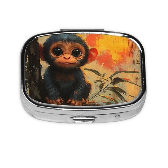 Portable Metal Square Pill Box 2-Compartment Mini Pocket Pill Case for Travel Purse, Cute Monkey Retro