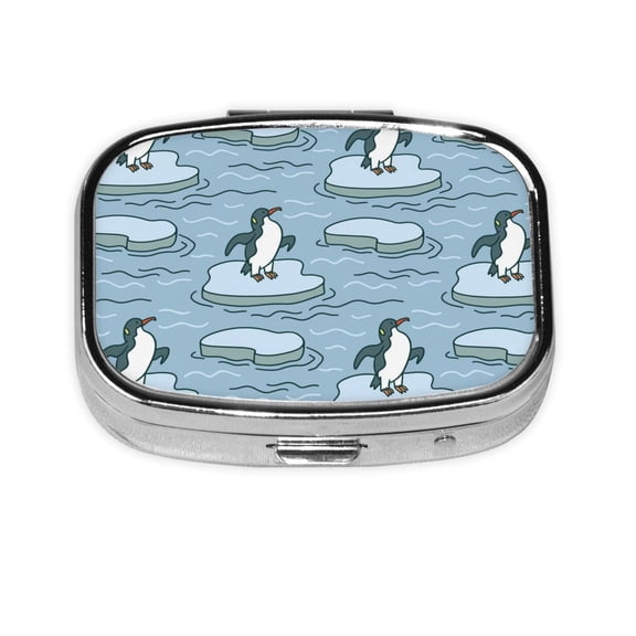 Portable Metal Square Pill Box 2-Compartment Mini Pocket Pill Case for Travel Purse, Cute Penguin Cartoon Ice