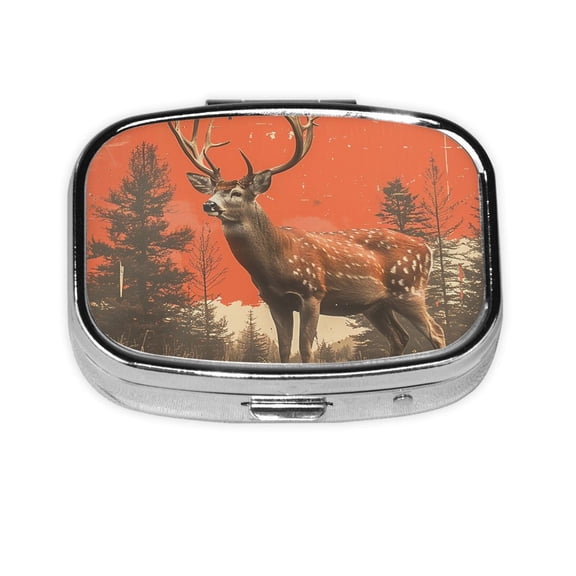 Portable Metal Square Pill Box 2-Compartment Mini Pocket Pill Case for Travel Purse, Deer Camo Vintage Red