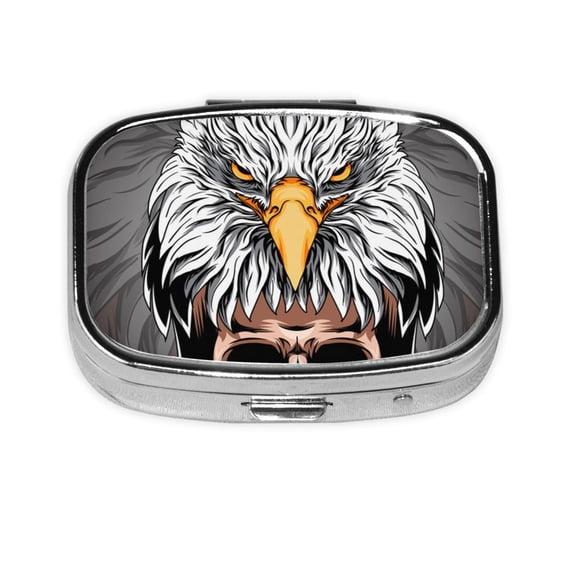 Portable Metal Square Pill Box 2-Compartment Mini Pocket Pill Case for Travel Purse, Eagle With Skull