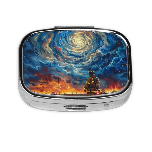Portable Metal Square Pill Box 2-Compartment Mini Pocket Pill Case for Travel Purse, Firefighter Cartoon Sky Art
