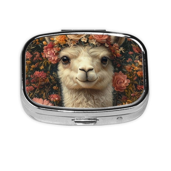 Portable Metal Square Pill Box 2-Compartment Mini Pocket Pill Case for Travel Purse, Flower Alpaca Vintage