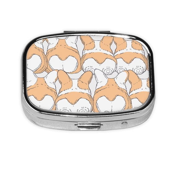 Portable Metal Square Pill Box 2-Compartment Mini Pocket Pill Case for Travel Purse, Funny Dogs Welsh Corgi