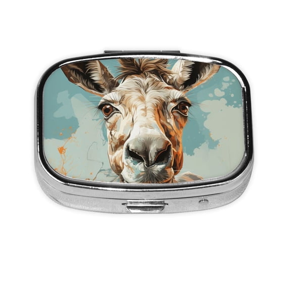 Portable Metal Square Pill Box 2-Compartment Mini Pocket Pill Case for Travel Purse, Funny Donkey Art Pattern