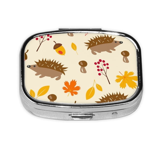 Portable Metal Square Pill Box 2-Compartment Mini Pocket Pill Case for Travel Purse, Hedgehog Leaves