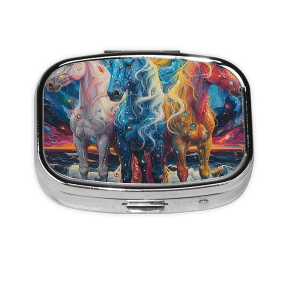 Portable Metal Square Pill Box 2-Compartment Mini Pocket Pill Case for Travel Purse, Horses Games Psychedelic