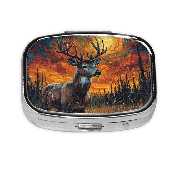 Portable Metal Square Pill Box 2-Compartment Mini Pocket Pill Case for Travel Purse, Hunting Deer Psychedelic