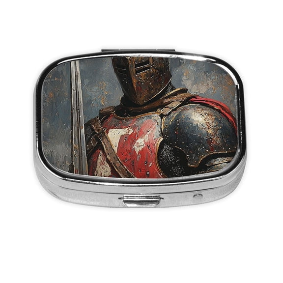 Portable Metal Square Pill Box 2-Compartment Mini Pocket Pill Case for Travel Purse, Knight Painting Vintage