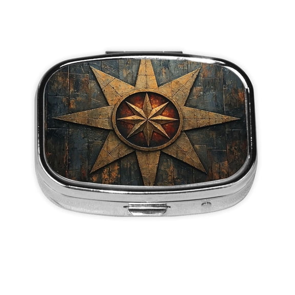 Portable Metal Square Pill Box 2-Compartment Mini Pocket Pill Case for Travel Purse, Magic Rune Stars