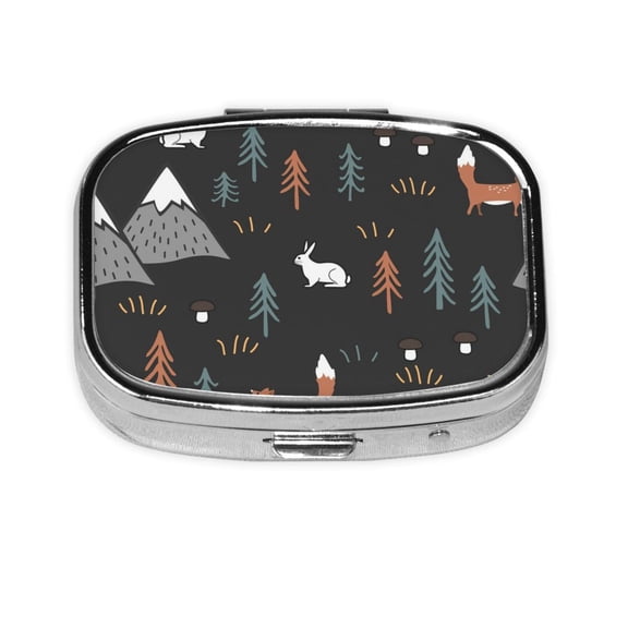 Portable Metal Square Pill Box 2-Compartment Mini Pocket Pill Case for Travel Purse, Mountain Rabbit Cartoon Hares Fox