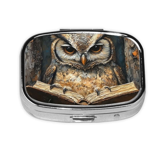 Portable Metal Square Pill Box 2-Compartment Mini Pocket Pill Case for Travel Purse, Owl With Book Art