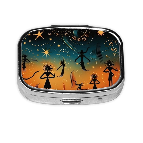 Portable Metal Square Pill Box 2-Compartment Mini Pocket Pill Case for Travel Purse, Retro Southwestern Starry Sky