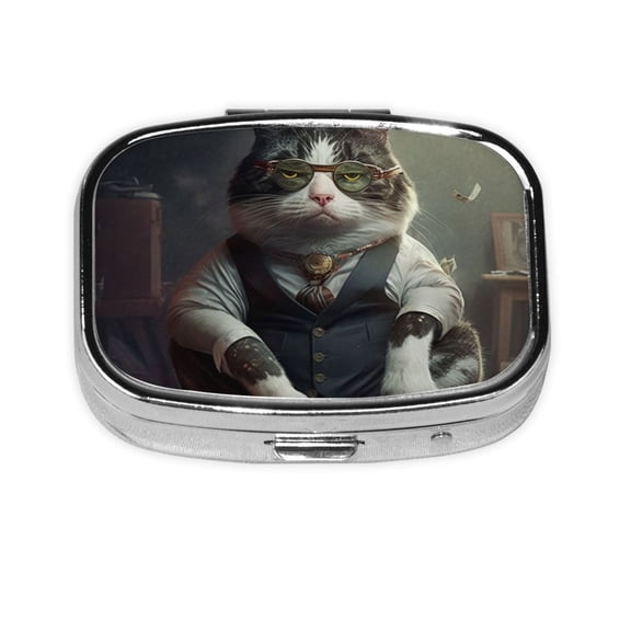 Portable Metal Square Pill Box 2-Compartment Mini Pocket Pill Case for Travel Purse, Rich Cat Cash Money Funny Art