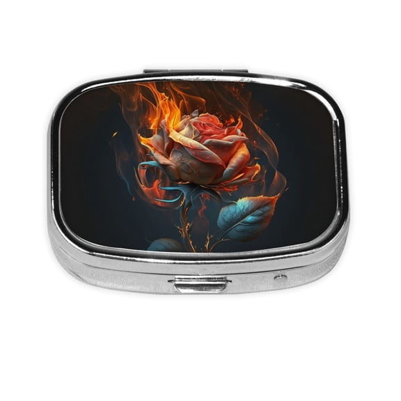 Portable Metal Square Pill Box 2-Compartment Mini Pocket Pill Case for Travel Purse, Rose On Fire Burning Flaming