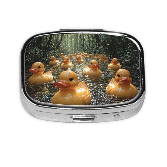 Portable Metal Square Pill Box 2-Compartment Mini Pocket Pill Case for Travel Purse, Rubber Ducks