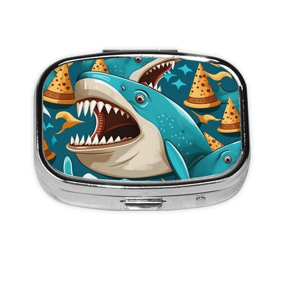 Portable Metal Square Pill Box 2-Compartment Mini Pocket Pill Case for Travel Purse, Shark Pizza Party Funny