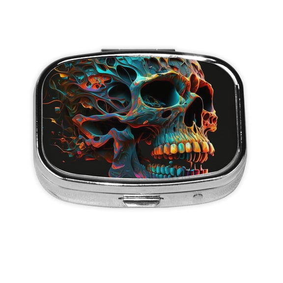 Portable Metal Square Pill Box 2-Compartment Mini Pocket Pill Case for Travel Purse, Skull Head Psychedelic Cool