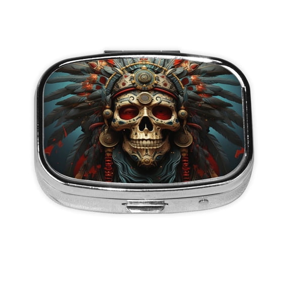 Portable Metal Square Pill Box 2-Compartment Mini Pocket Pill Case for Travel Purse, Skull Indian Chief Head Art