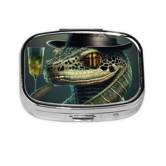 Portable Metal Square Pill Box 2-Compartment Mini Pocket Pill Case for Travel Purse, Snake Cool Funny
