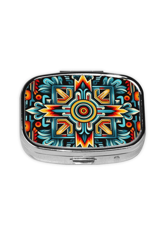 Portable Metal Square Pill Box 2-Compartment Mini Pocket Pill Case for Travel Purse, Southwestern Aztec Cool