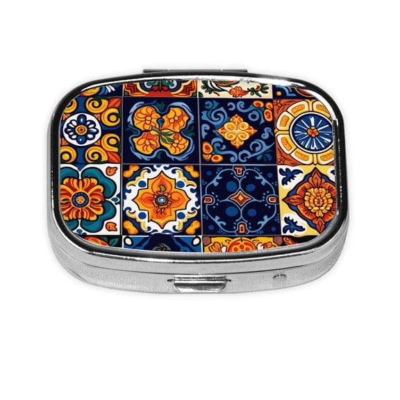Portable Metal Square Pill Box 2-Compartment Mini Pocket Pill Case for Travel Purse, Talavera Mexican Tiles