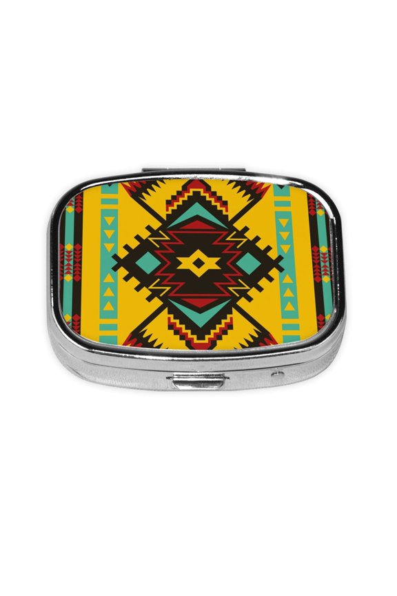 Portable Metal Square Pill Box 2-Compartment Mini Pocket Pill Case for Travel Purse, Tribal Ethnic Pattern Aztec Art