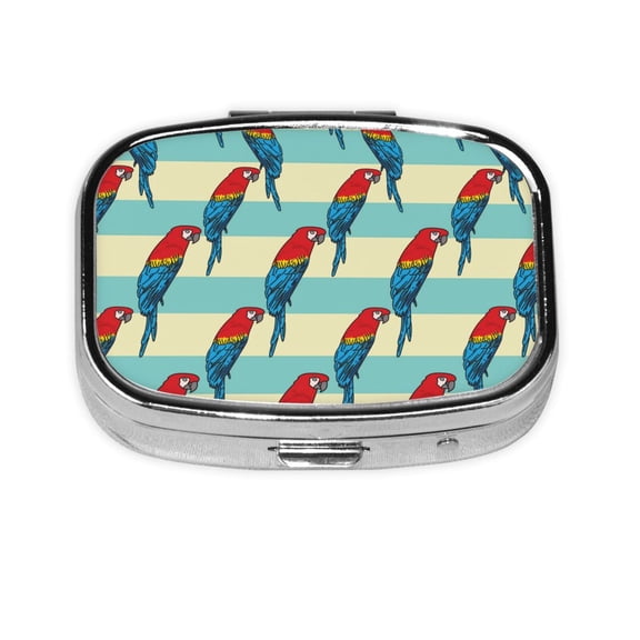 Portable Metal Square Pill Box 2-Compartment Mini Pocket Pill Case for Travel Purse, Tropical Parrot Colorful Rainbow