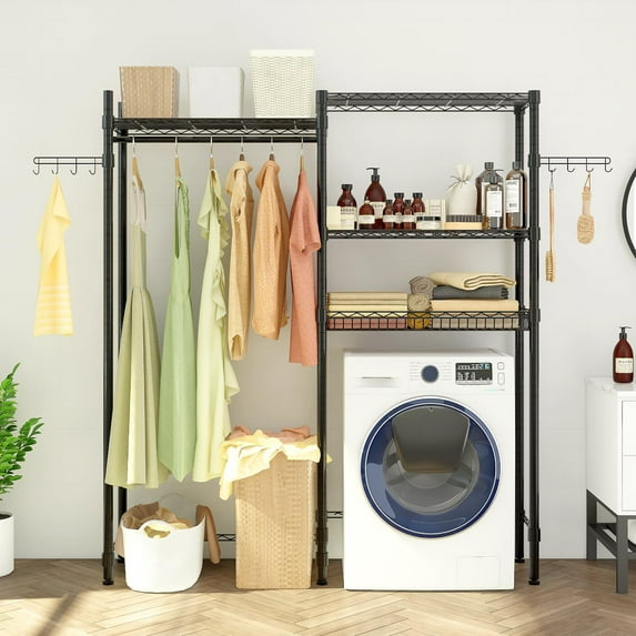 Portable Metal Storage Closet with Adjustable Shelves and Hanging Rod for Laundry Room, Bathroom, Bedroom - Heavy Duty Wire Garment Rack Organizer for Clothes, Shoes, Towels