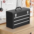 thumbnail image 1 of Portable Metal Tool Box, 3 Drawer Steel Tool Box with Top Storage Tray and carrying Handle, Multi-Function Tool Storage with Anti-slip Liner for Garage, Home, or Workbench (Black), 1 of 8