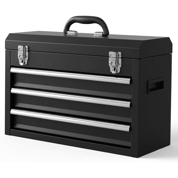 Portable Metal Tool Box, 3 Drawer Steel Tool Box with Top Storage Tray and carrying Handle, Multi-Function Tool Storage with Anti-slip Liner for Garage, , or Workbench (Black)
