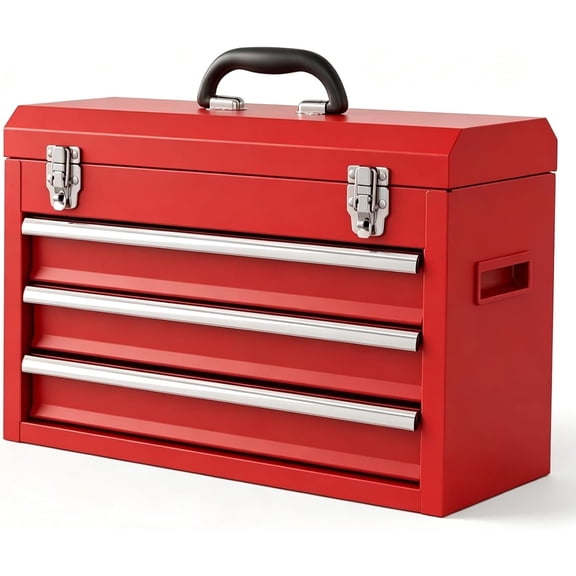 Portable Metal Tool Box, 3 Drawer Steel Tool Box with Top Storage Tray and carrying Handle, Multi-Function Tool Storage with Anti-slip Liner for Garage, , or Workbench (Red)