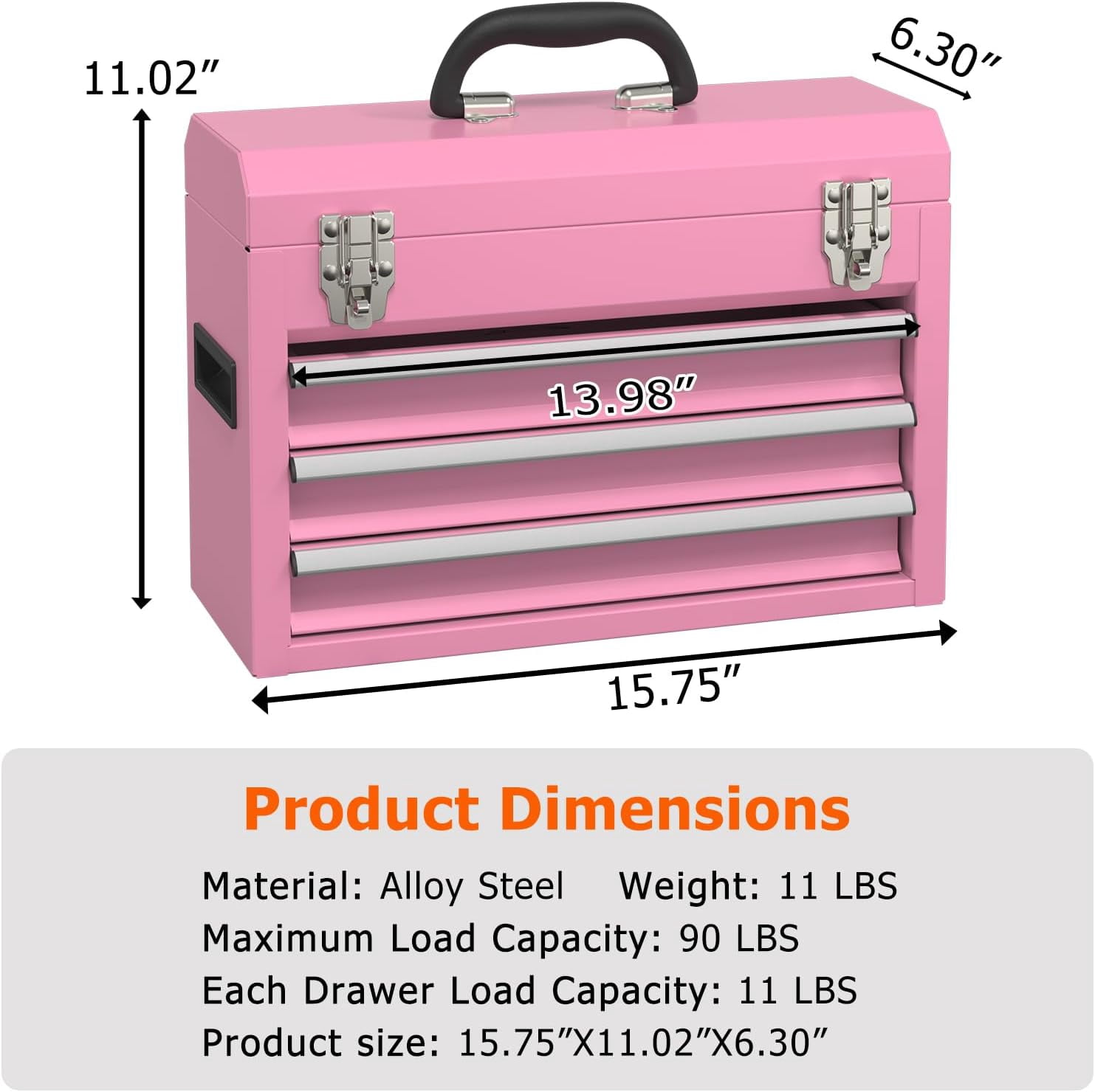 Portable Metal Tool Box with Drawers, Latches Tool Box with EVC Liners, Heavy Duty Tool Chest with Powder Coating for Garage, Office and Home (Pink)