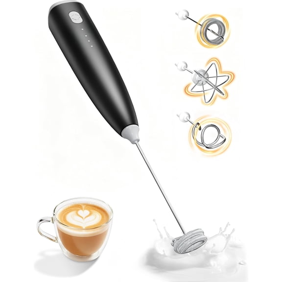 Portable Milk Frother Handheld,Electric Drink Mixer & Wand, 3 Detachable Stainless Steel Whisks, 3 Adjustable Speeds Quiet, USB C Rechargeable for Coffee, Latte, Matcha, & Kitchen (Black)