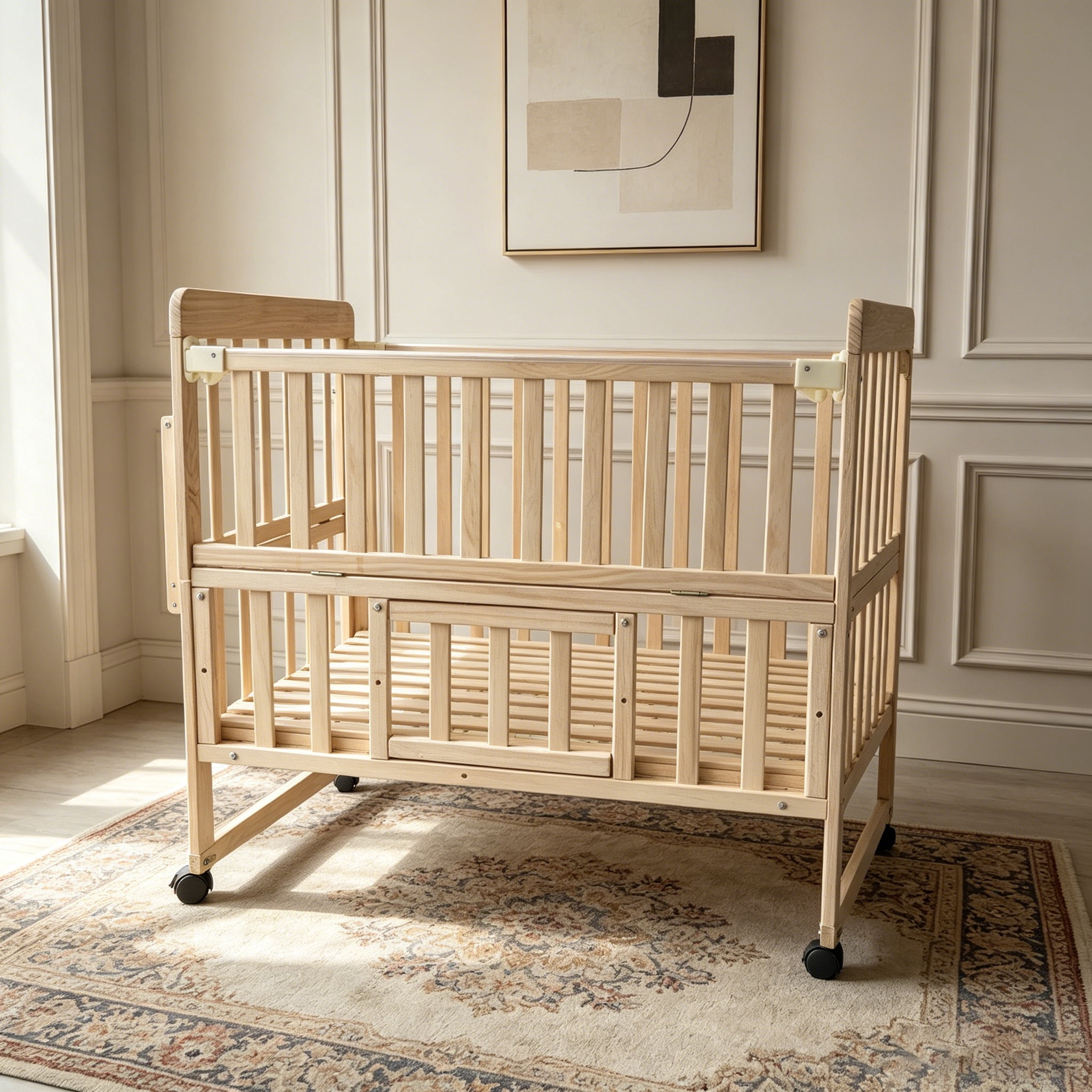 Portable Mini Baby Convertible Crib,Bedside Sleeper Bed,Solid Pine Wood Bassinet,Playpen & Toddler Bed with Wheels & Under-Crib Storage,0-36M