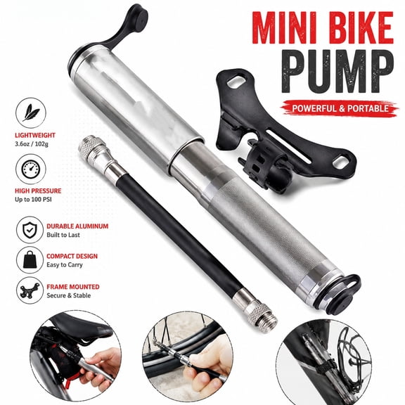 Portable Mini Bike Pump - Fits Presta and Schrader (Titanium)