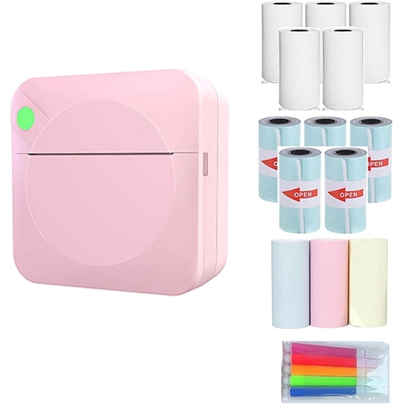 Portable Mini Bluetooth Thermal Printer, Inkless Sticker Maker with 5 Rolls Paper, Compatible with iPhone & Android, for DIY Labels, Study Notes, Journaling, Photos, Home, School & Office (Pink)