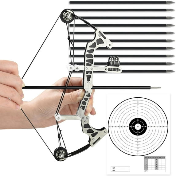 Portable Mini Compound Bow Set - 9.8" Compact Bow with 10 Arrows & Target, for Adults Indoor Outdoor Archery Practice, Survival Training, Camping Fun Gifts for Men Teens