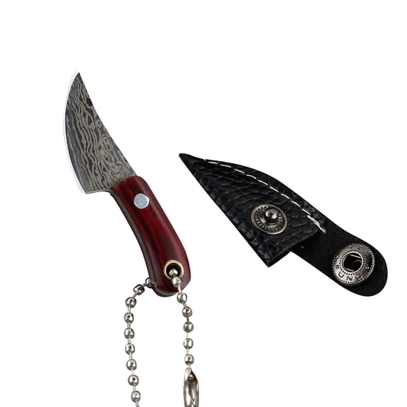 Portable Mini Damascus Pattern Pocket Knife, 2.4Inch Compact Blade For Unboxing, With Leather Sheath Keychain For Daily Use, Outdoor Activities
