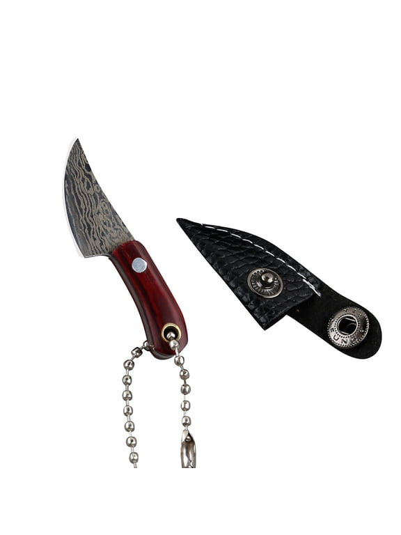 Portable Mini Damascus Pattern Pocket Knife, 2.4Inch Compact Blade For Unboxing, With Leather Sheath Keychain For Daily Use, Outdoor Activities