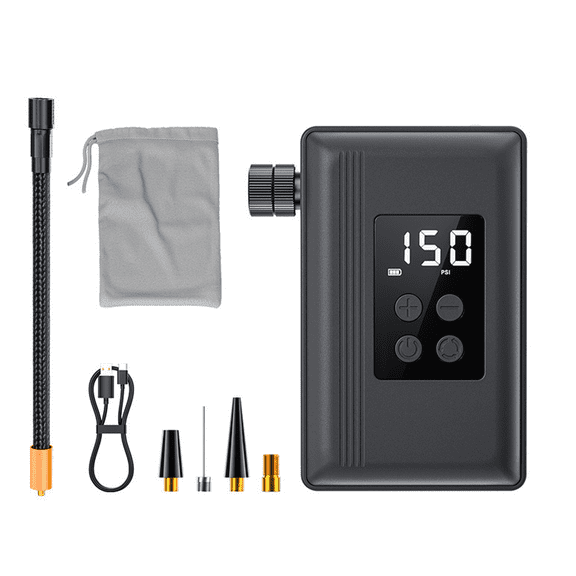 Portable Mini Electric Bike Tire Inflator, 150PSI Max Rechargeable Air Pump with Digital Pressure Gauge, LED Light for Bicycle Ball Car Tires