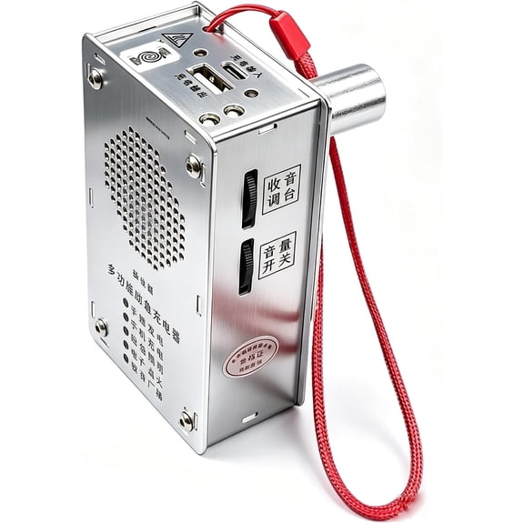 Portable Mini Generator for Outdoor, Multifunction Hand Crank, Silver Metal, with FM Radio, USB Charging, Built-in Speaker
