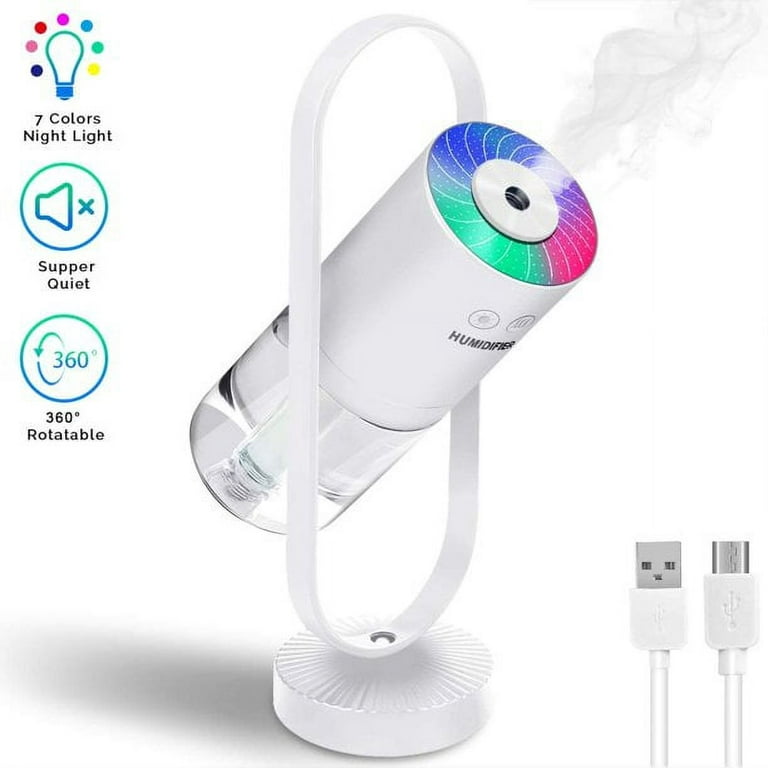Portable Mini Humidifier, 360 degree Rotating Night Light,200ml Ultrasonic  Cool Mist Humidifier with 7 Colors Night Light,2 Mist Modes for Bedroom,  Home Desk, Office, Car Travel,White 