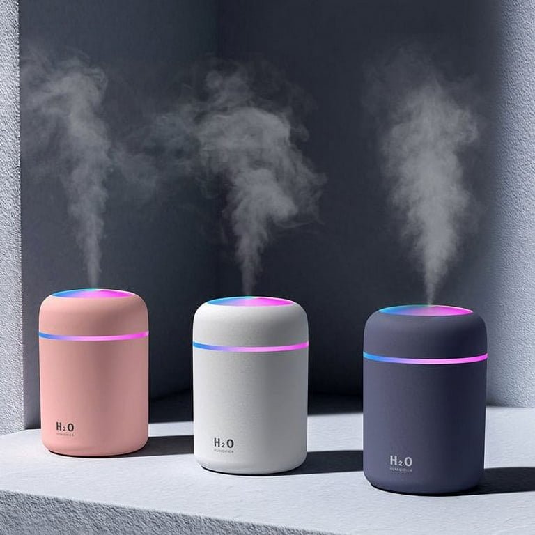 Portable Mini Humidifier, LANMOK RGB Light Small Humidifiers for Bedroom,  Car, Desktop, 2 Cool Mist Modes, Quiet(300ML, White) 