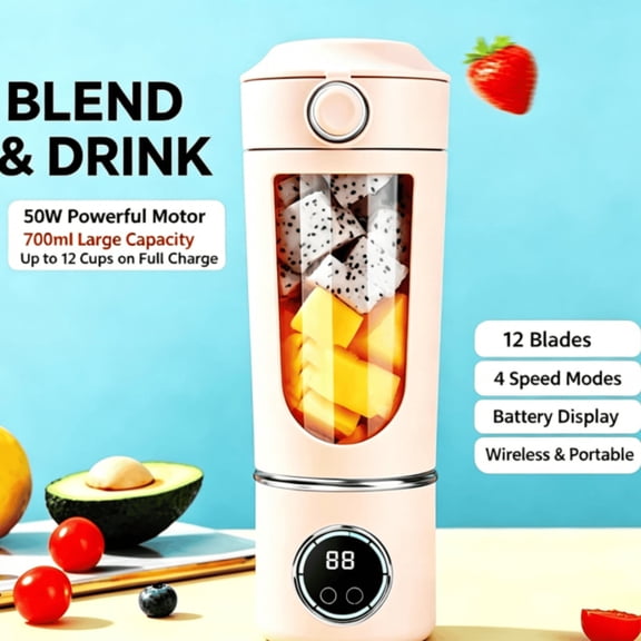Portable Mini Ice Crusher Juicer Cup with 12 Blades, Rechargeable Personal Blender for Shakes & Smoothies, 700ml Travel Smoothie Maker with LED Display & Auto Clean, for Gym, Camping & Office Use